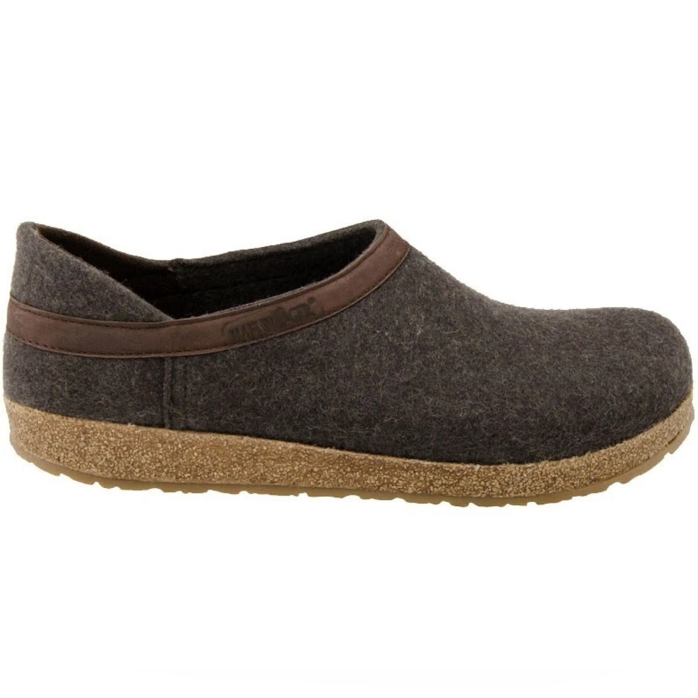 Haflinger Gray Wool Clogs with Brown Trim